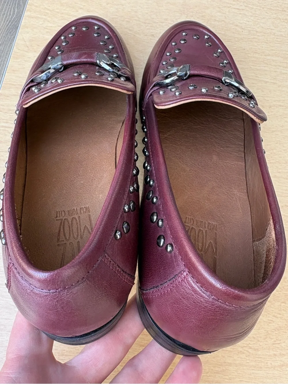Miz Mooz Ira Studded Leather Loafers In Burgundy Sz 39 EU
